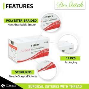 Dr.Stitch Sterile Non-Absorbable Sutures - Polyester Braided - 12PK